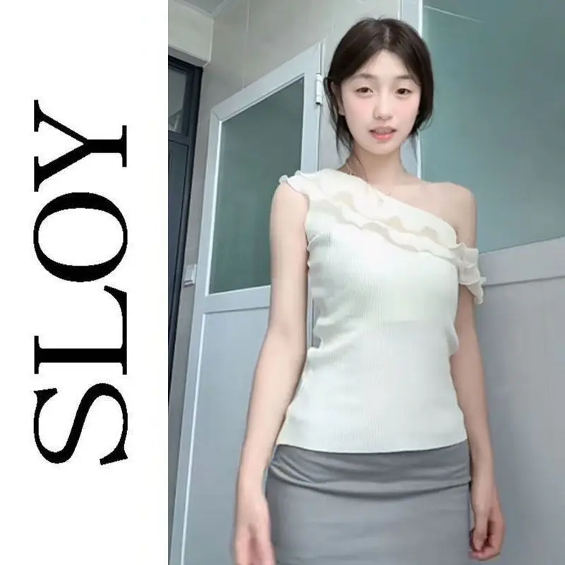 Französisches, schulterfreies, gerüschtes Strickwaren-Strickoberteil mit Rüschensaum, 2022, Sommer, neues, schmal geschnittenes, ärmelloses Oberteil