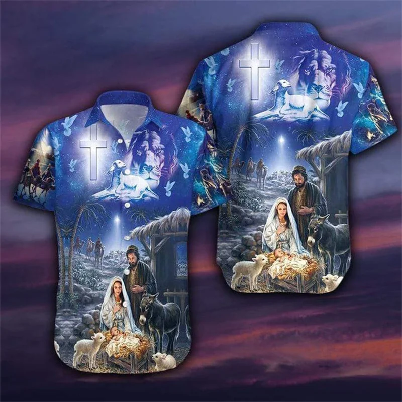 New Summer 3D Christian Jesus Print Shirts Children Fashion Streetwear Shirts Blouses Men Cool Hawaiian Shirts Vintage Clothing