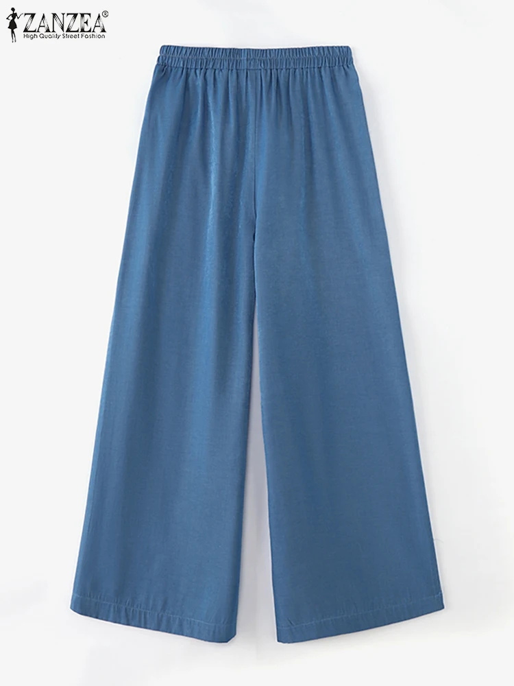 ZANZEA プラスサイズ レディース ワイドレッグパンツ ルーズ カジュアル レースアップ ウエストゴム ソリッドカラー 日常ズボン デニムルック L-5XL