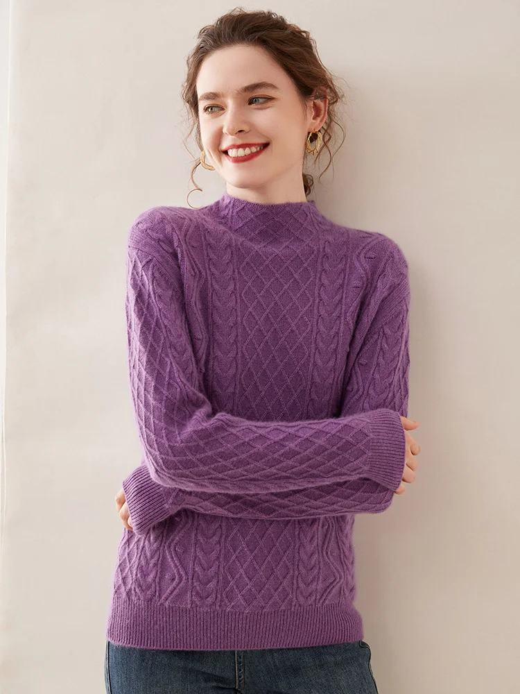 Winter Women's Cashmere Sweater Twist Flower Mock Neck Pullover Thick Warm Vintage Style Cashmere Knitwear High Quality Fashion