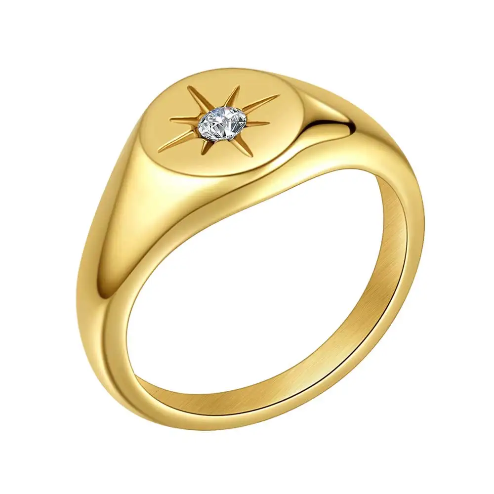 Valily North Star Stainless Steel Simple Signet Band Ring for Women Everyday Jewelry