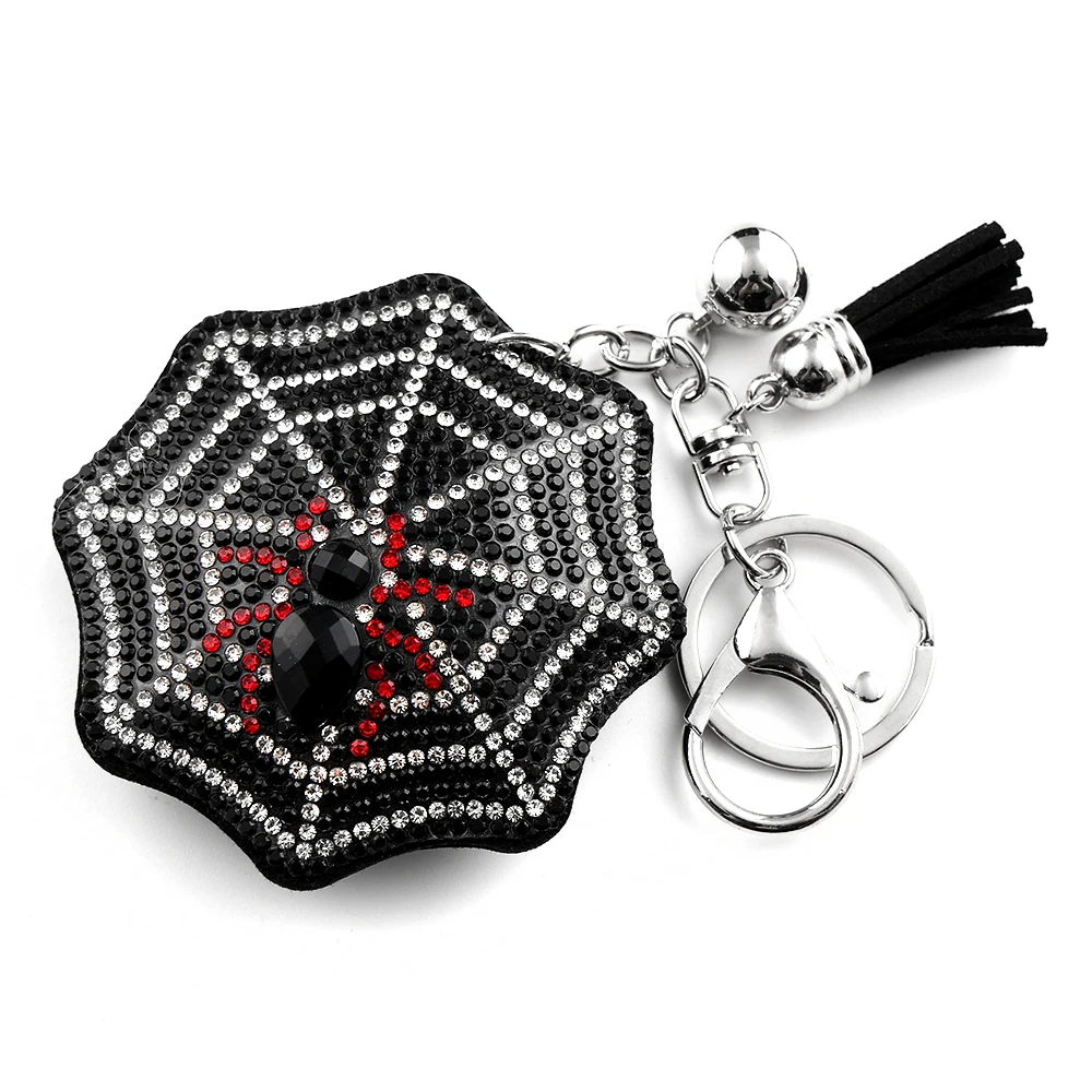 Gotischer Spinnennetz-Quasten-Schlüsselanhänger, Taschenanhänger, vollkristallbesetzt, schwarze und rote Strass-Steine, silberfarbene Legierung, Autoschlüsselring, Schmuckgeschenke
