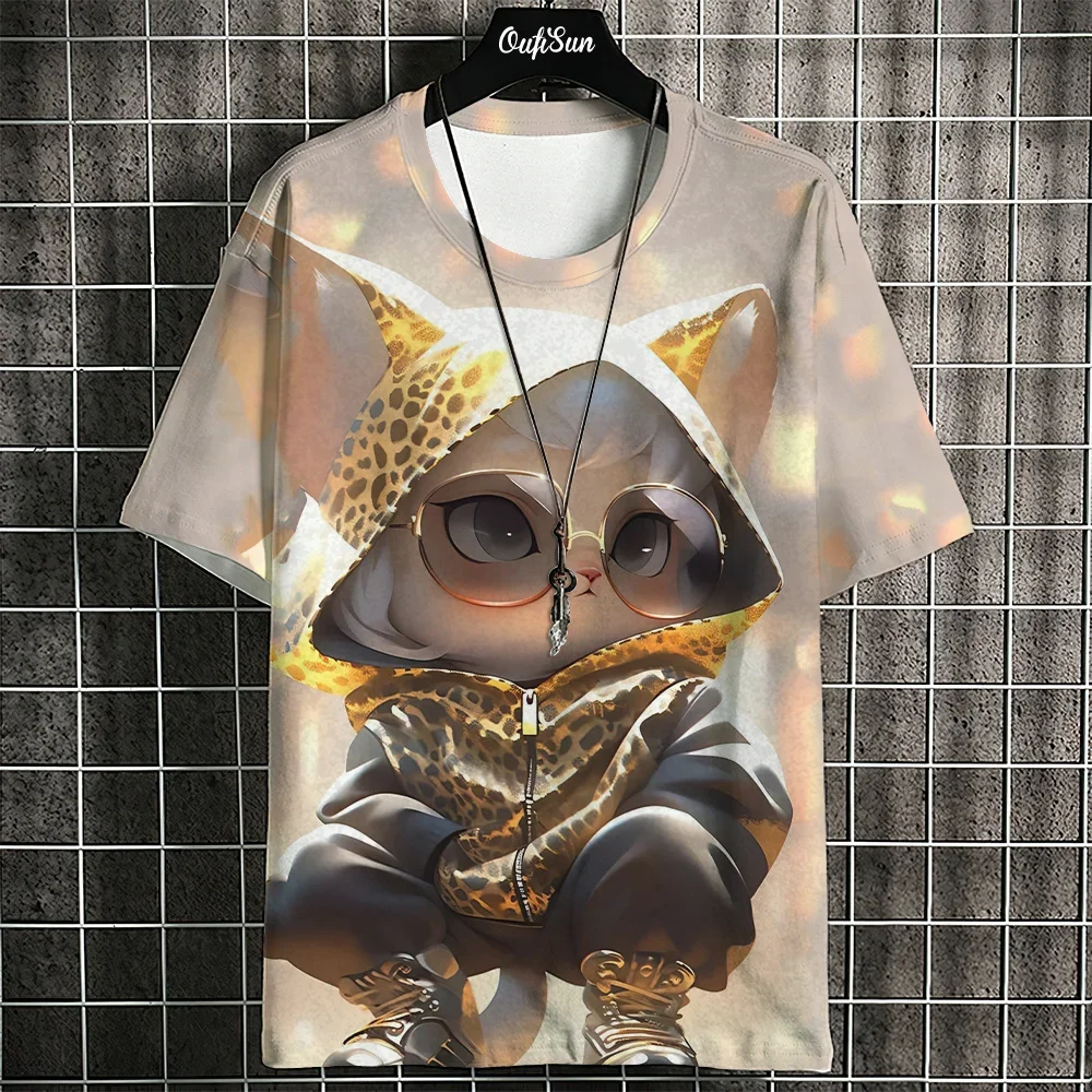 Men\'s T-Shirt Animation Style Cat With Hoodie Glasses Pattern 3D Printing Tees Short Sleeve T-shirts Oversized Men Clothing Tops