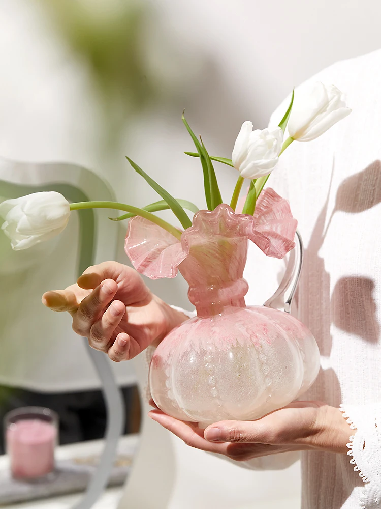 

Pink Cry Glass Vase Mid-century Fengtong High-end Feeling Lacquer Art Fre Flowers Living Room Flower Arrangement Ornamen...