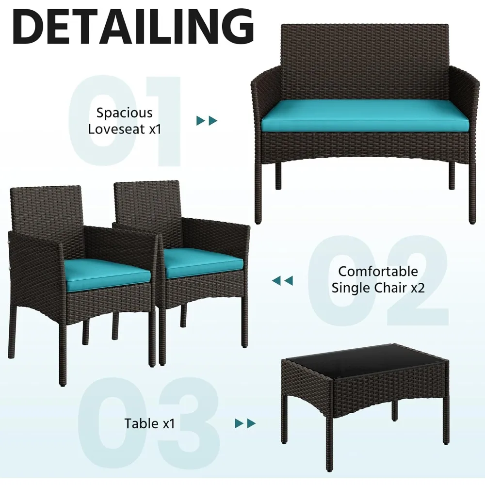 Patio Furniture Set 4 Pieces Conversation Sets, Rattan Chair Wicker Set Loveseat with Soft Cushion and Glass Table forBackyard