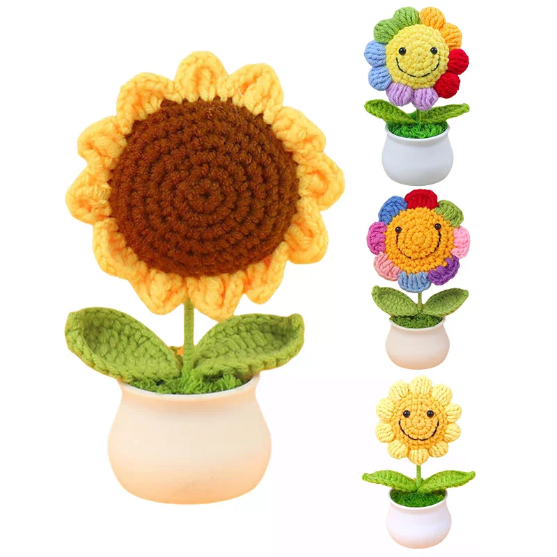 Cute Hand-knitted Sunflower Pots Ornaments Creative DIY Hand-knitted Flower Pots Artificial Flowers Home Decoration Gifts