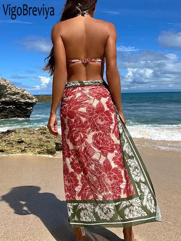 VigoBreviya-Conjunto de Bikini con falda de cintura alta para mujer, traje de baño Sexy con estampado de 3 piezas, traje de baño de realce con aros, traje de baño de verano 2025