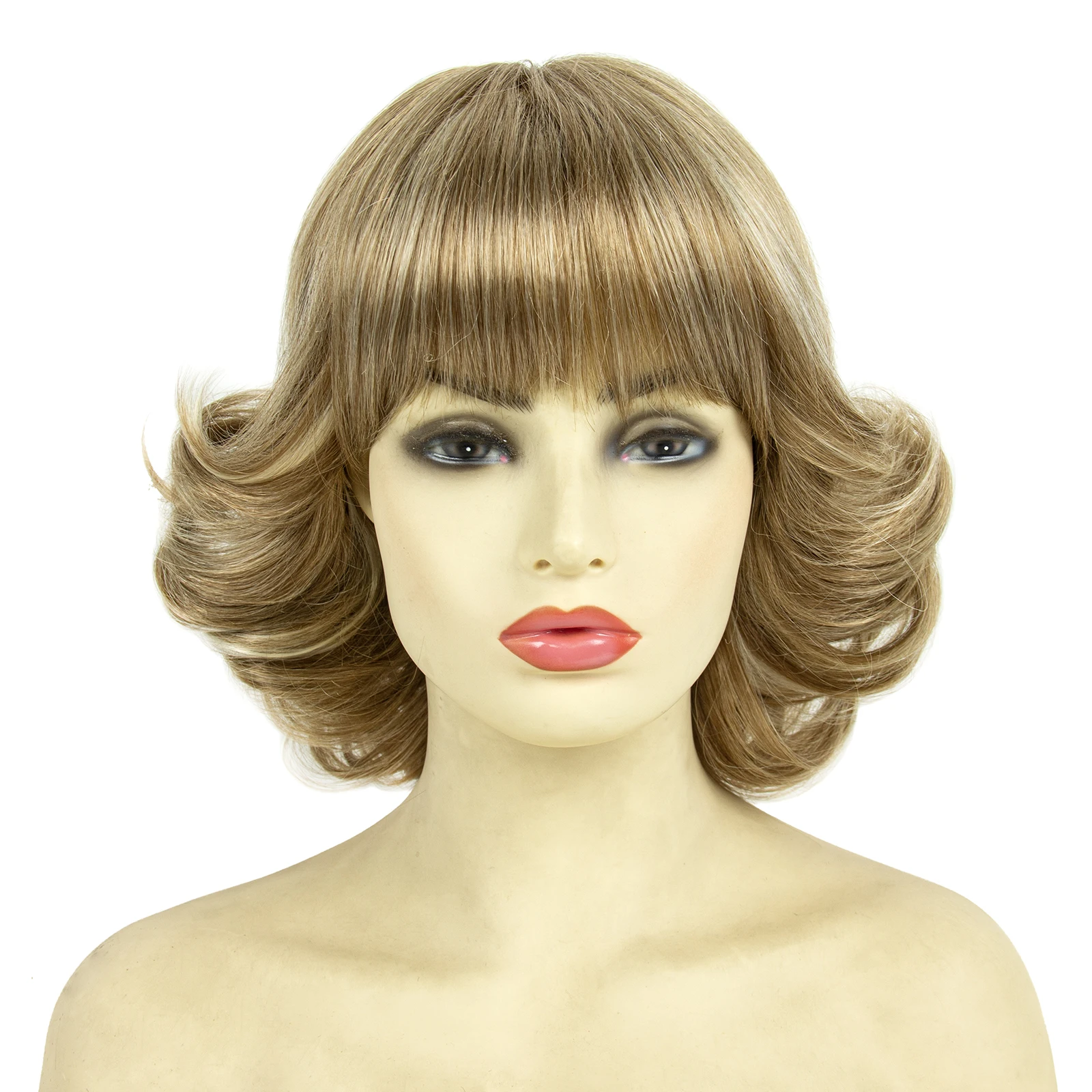 REEWES Blonde Short BoB Flip Wigs with Bang 90s Curly Style Natural Synthetic Hair for Halloween Costum Wig