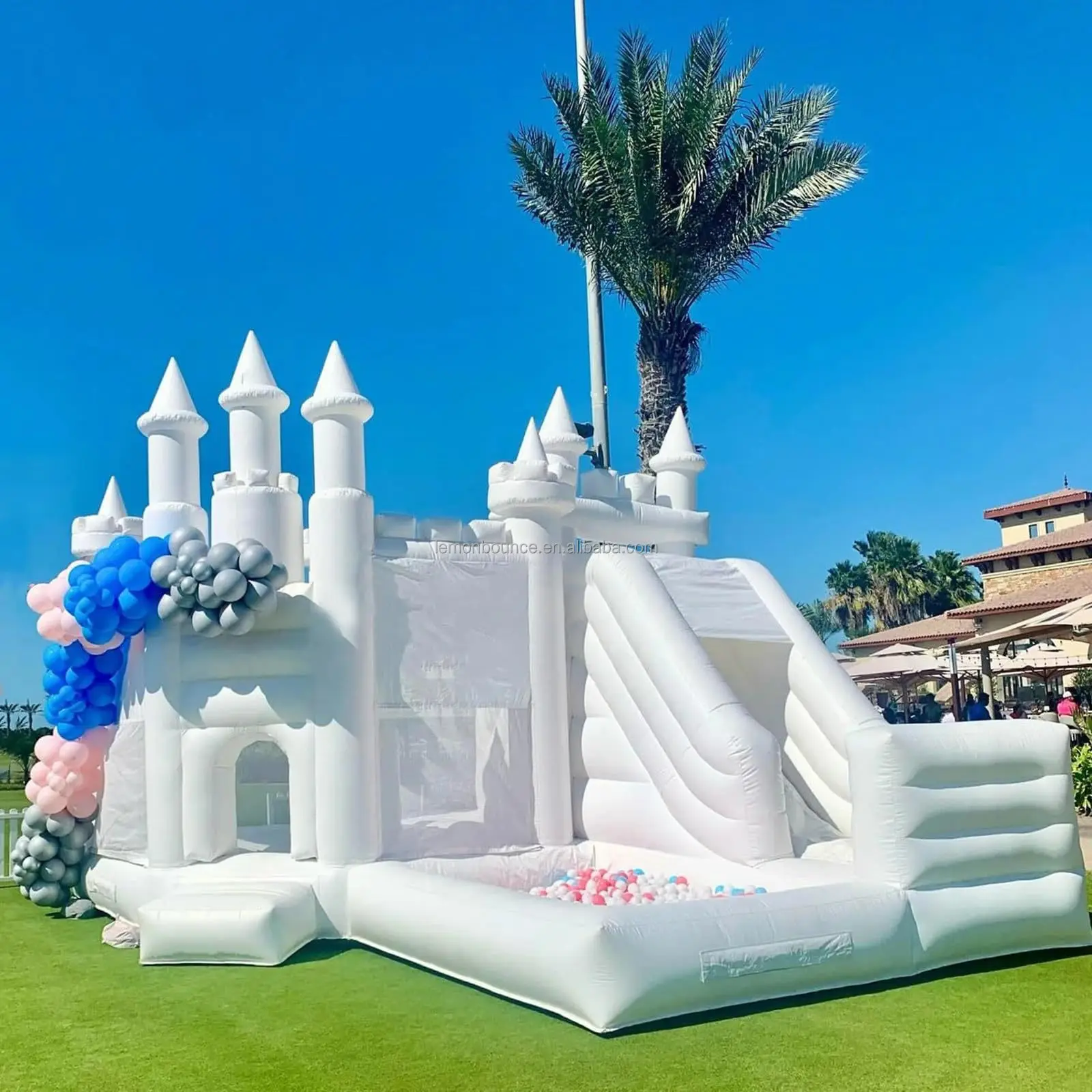 

White Inflatable Bounce House White Princess Bounce Combo with Slide and Ball Pit for Party Rental16.5x13x10.8ft with Blowerprom