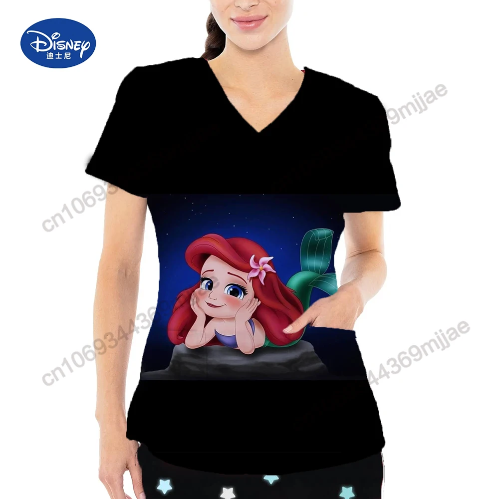 Summer New Beautiful Disney Princess Cartoon Pattern Printed Comfortable Women\'s T-shirt  Casual Nurse Uniform Y2k Style Top