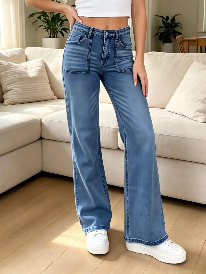 【HME】Jeans | Women Square Patch Pocket Wide Leg Denim Pants, High Waist Relaxed Fit Denim Jeans, Light Blue Gradient Wash, Horizontal Whiskering Detail, Draped Soft Fabric Casual Pants For Spring Summer Daily Outfits