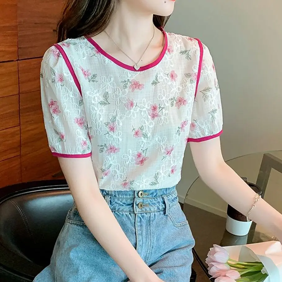 Woman Spring Summer Style Chiffon Blouses Shirts Lady Casual Short Puff Sleeve O-Neck Polka Dot Printed Blusas Tops G2735