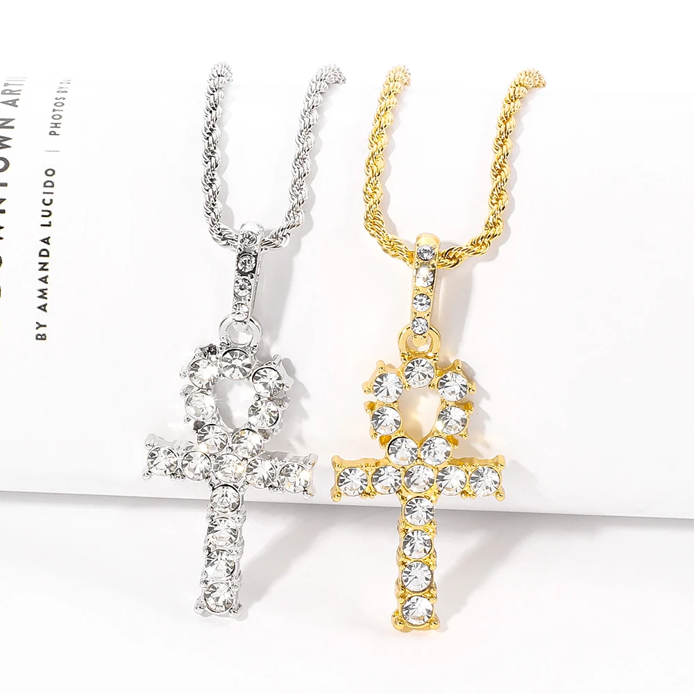Cross Rheinstone Necklace Fashion Sideway Pendant Neckchain For Women Men Religious Good Wish Power Jewelry Gifts