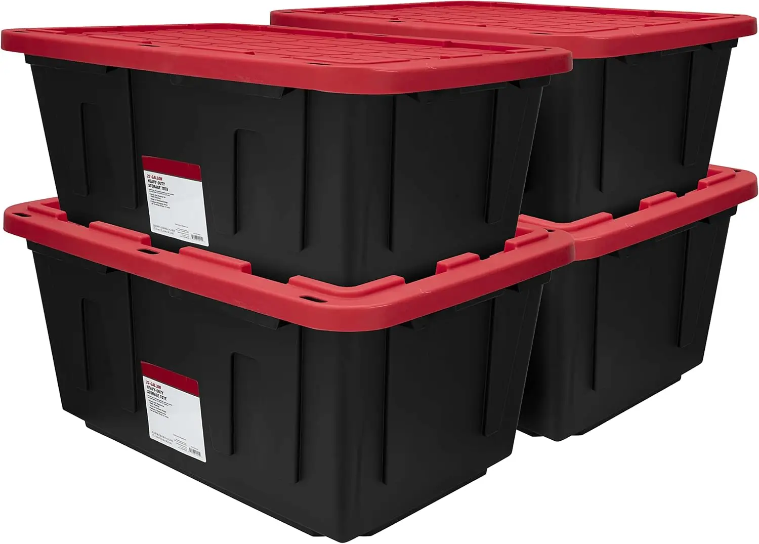 

MioeDi 27 Gallon Stackable Snap Lid Plastic Storage Bin Container, Black with Red Lid, Set of 4, Black/Red