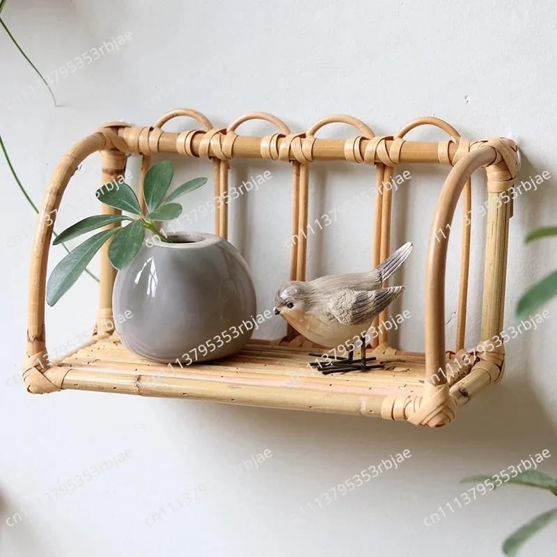 Rattan Wall Shelf Natural Boho Wicker Shelf Wall Mail Organizer,Floating Rattan Bookshelf Nordic Ins Log Style