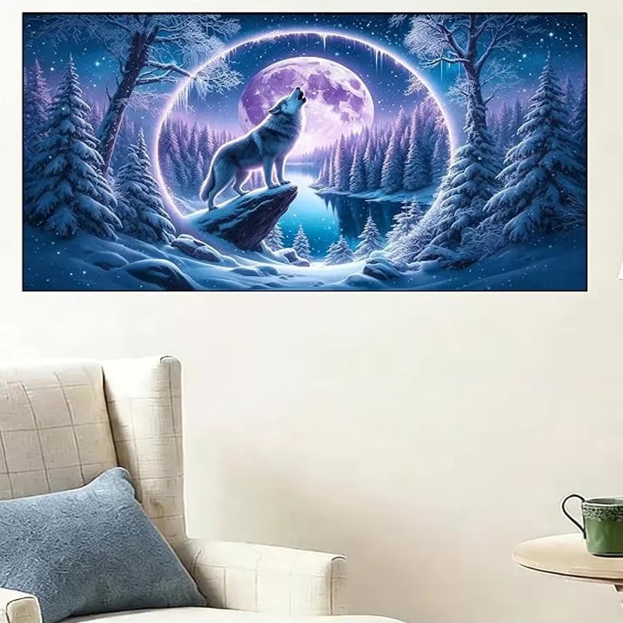 5D DIY Diamond Painting Snow Moon Landscape Full Drill Diamond Embroidery Forest Lake Howling Wolf Mosaic Home Decor Crafts