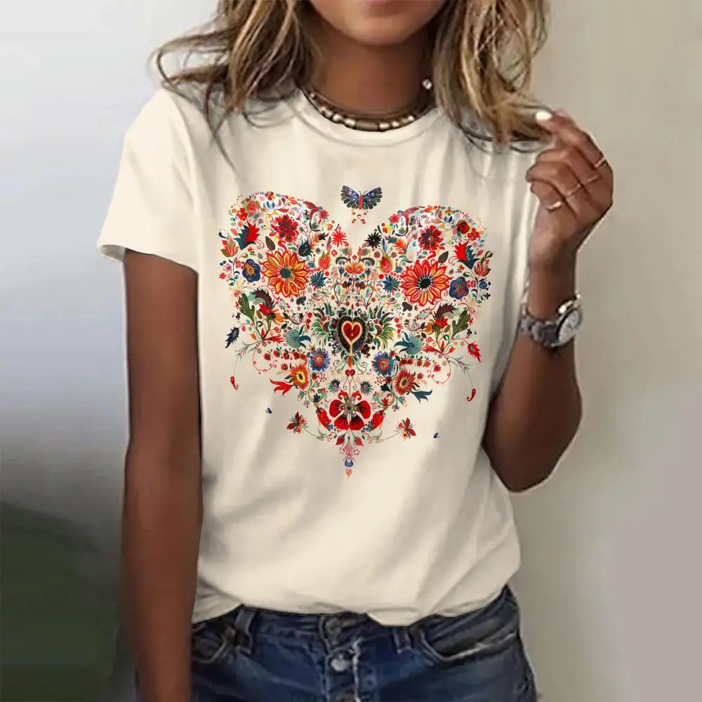 Camiseta con estampado de amor de flores en 3D para mujer, Tops de manga corta para niña, Jersey suelto informal con cuello redo