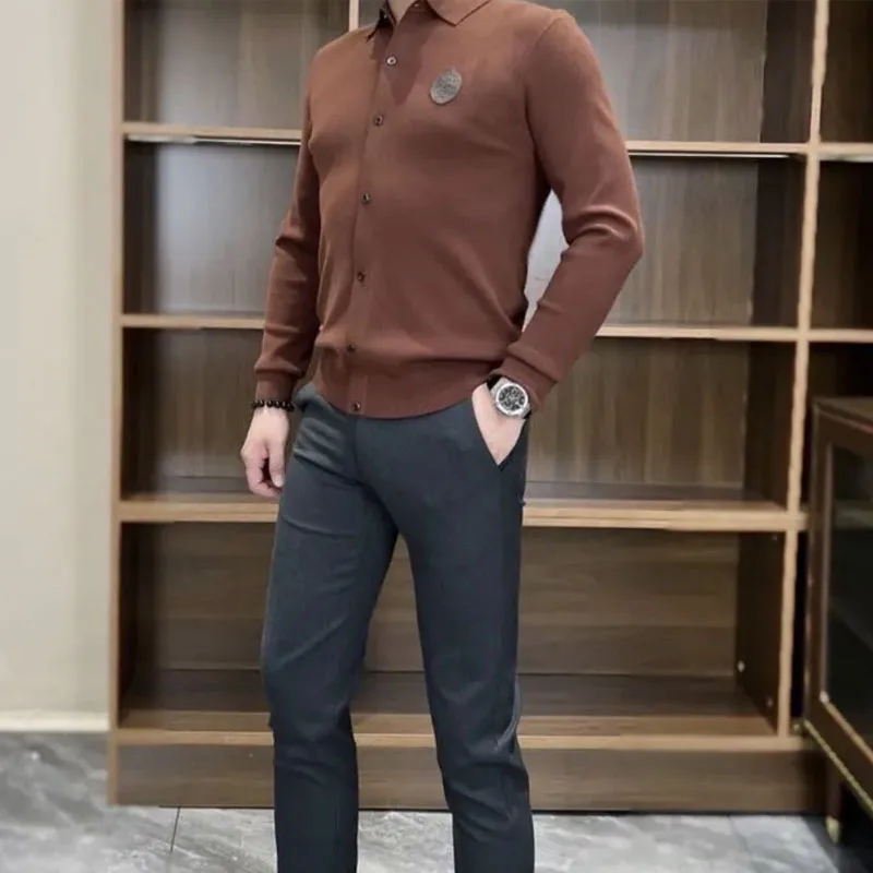 

Men's Trend Slim Solid Color Knitted T-shirt Fashionable Male Clothes Business Office Casual Single-breasted Sweaters Cardigan