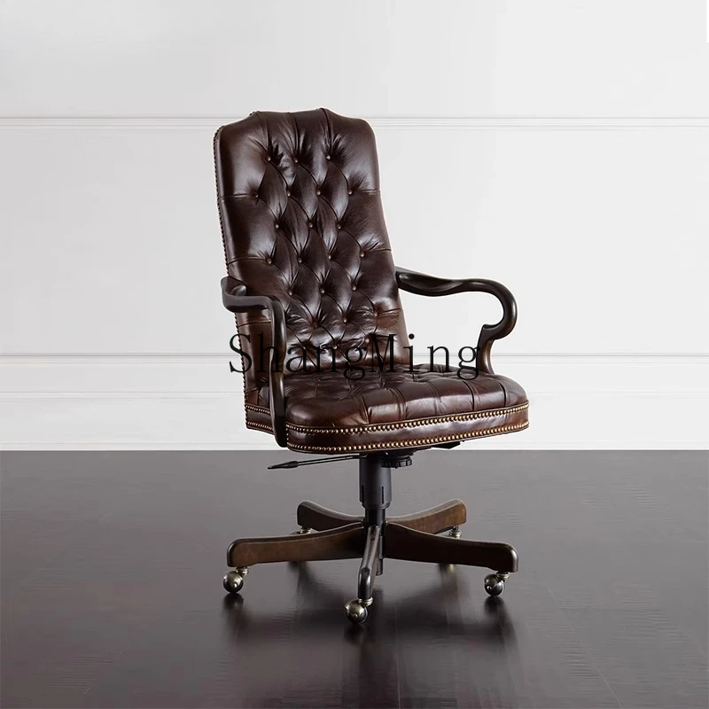 

CL retro old all solid wood rotatable office book chair villa all cowhide lift