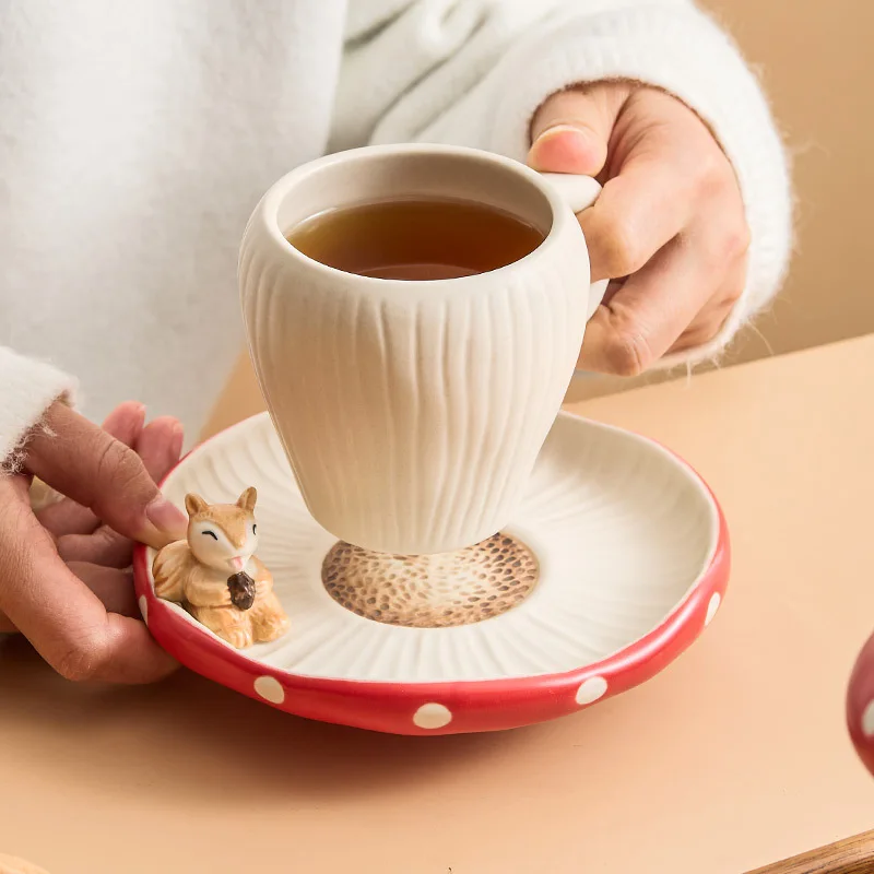 Cute Teapot Red Mushroom Ceramic Afternoon Tea Set Coffee Cup Saucer Creative European Cartoon Flower Teapot