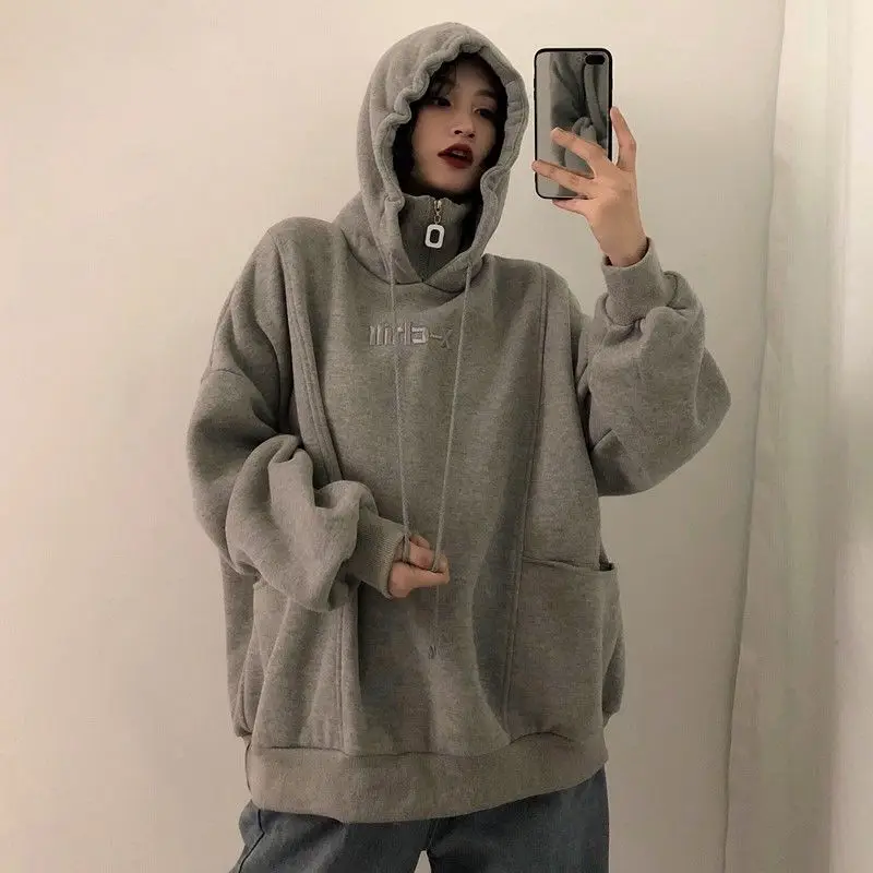 Female Streetwear Emo Winter Loose Grunge Hoodies for Women Gothic Hooded Hoodie Plain Sweatshirt Hippie Y2k Clothes Black Tops