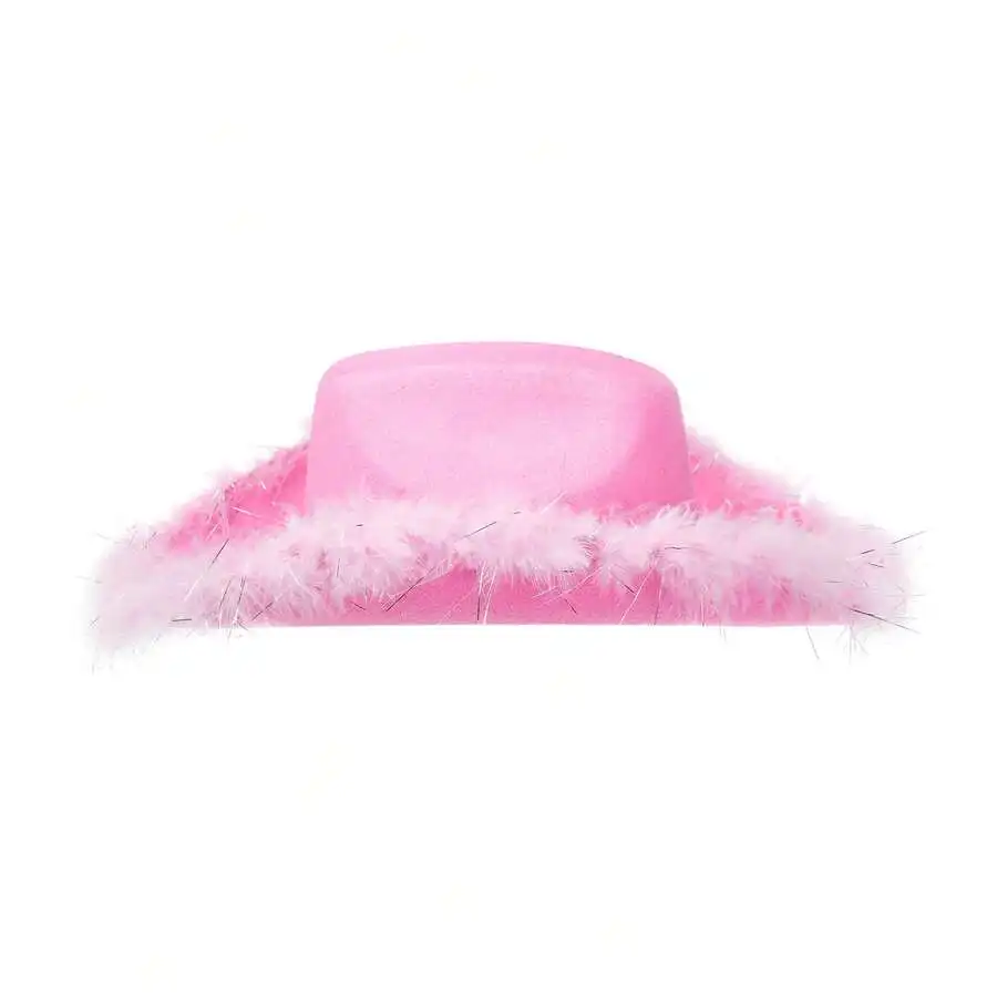 Adult Pink Western Cowboy Hat With Feather Trim Wide Brim Costume Accessory
