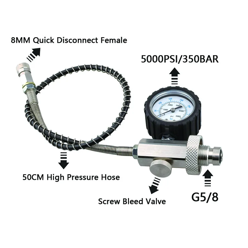 HPA Scuba Din G5/8 Gas Cylinder Refill Filling Charging Adapter Supply Valve Stainless Steel 5000PSI/350BAR With 50CM Air Hose