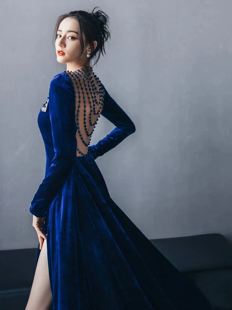 

Blue Long Sve Evening Gown Women's Host 2025 New High-End Lightweight Luxury Par Focus Bride Princ Sle mid Waist