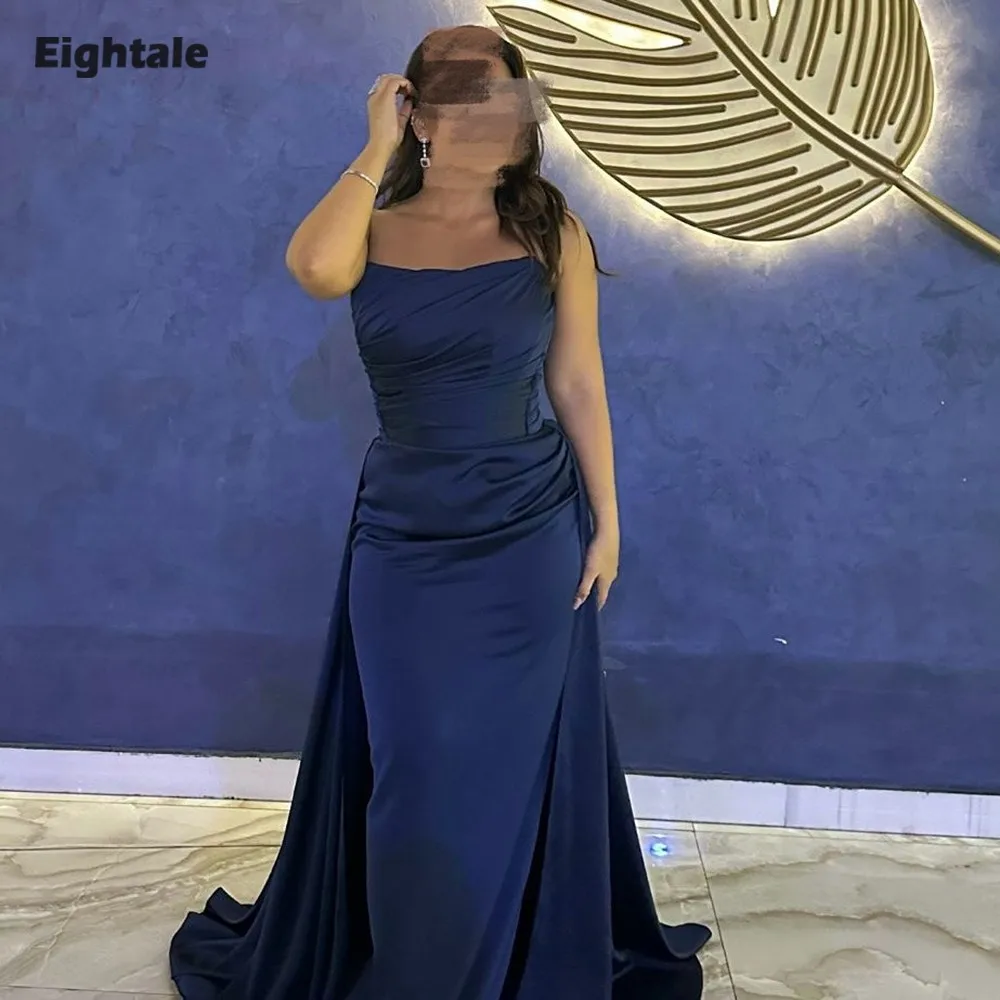 Eightale Navy Blue Evening Dress with Detachable Skirt Customized Pleats Arabic Prom Satin Wedding Party Gown Vestidos De Gala