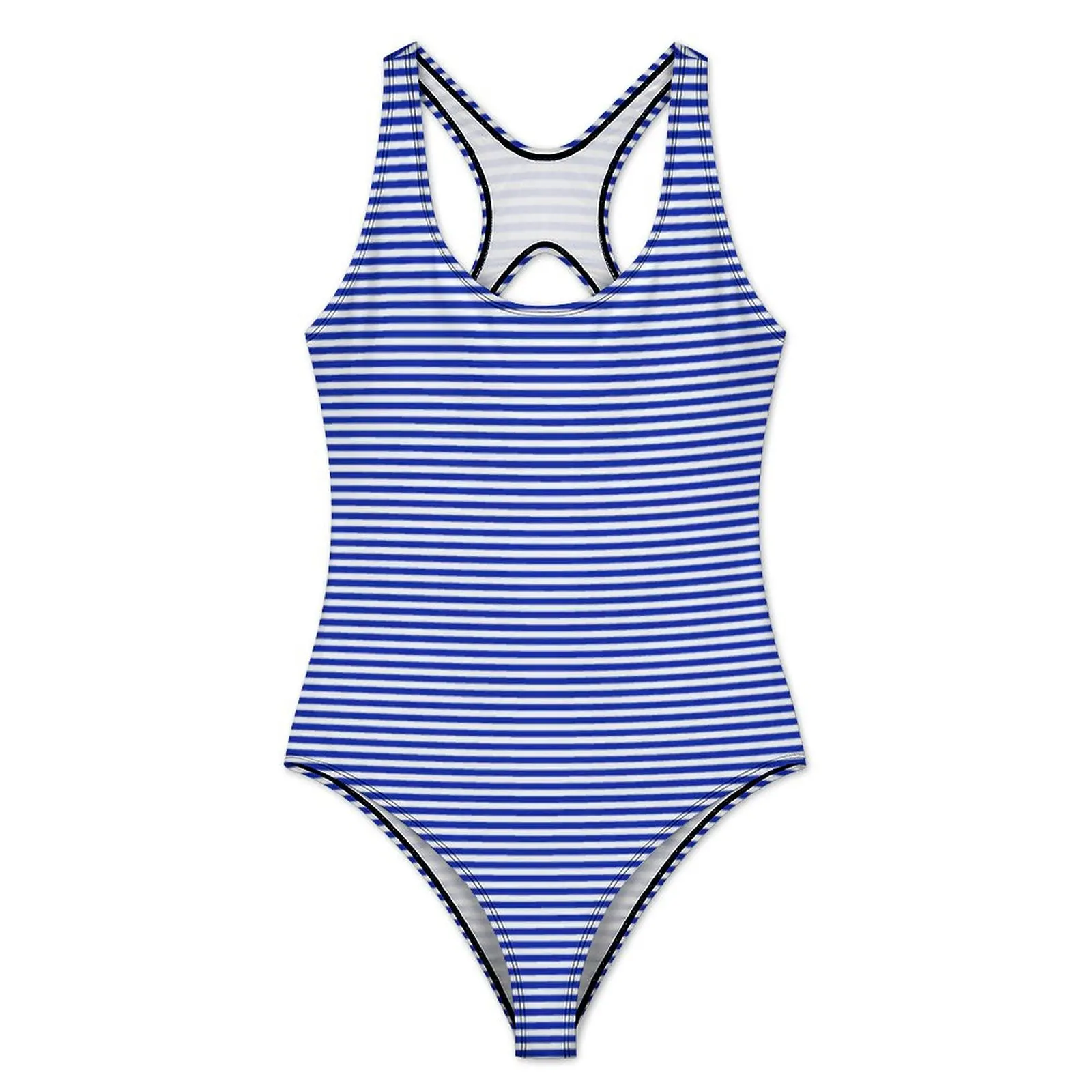 Retro Nautical Sailor Swimsuit Blue and White Stripes Swimwear One Piece Holiday Pool Design Bodysuit High Cut Bathing Suit