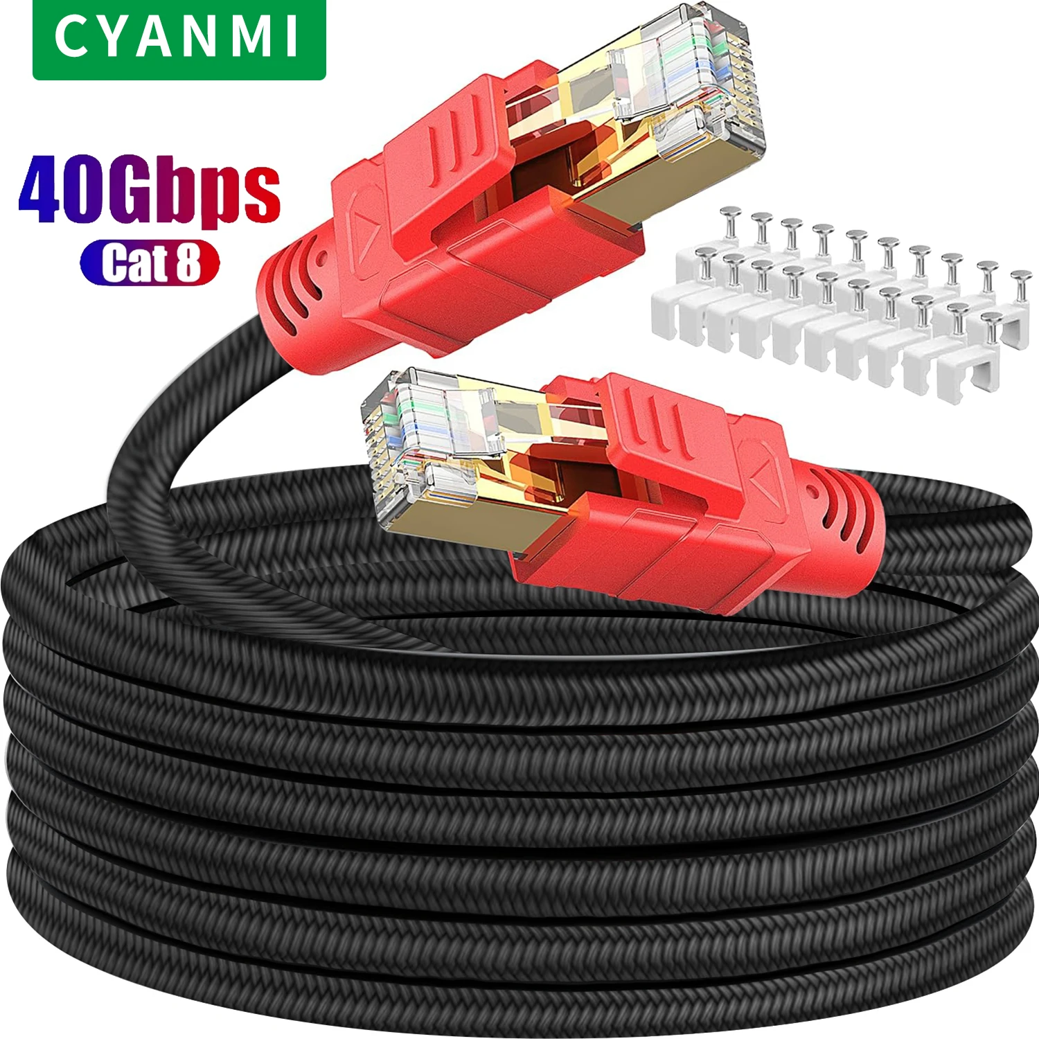 CYANMI Ethernet-kabel CAT8 40 Gbps Nylon Gevlochten Netwerk Lan-snoer voor PC Modem Laptop PS 5 Router RJ45 Platte Cat 8 Ethernet-kabel