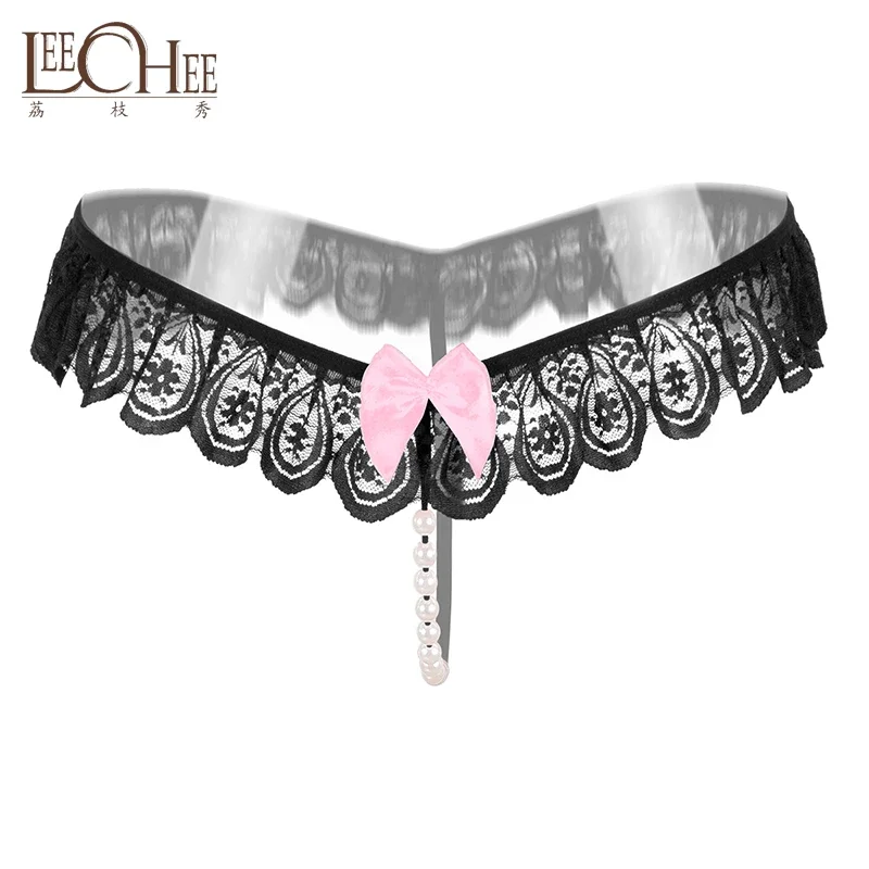

Leechee Sexy Women Panties Pearl Beading Lady Opening Crotch Thong G String Lace Female Bow Transparent Sexy T-Pant Underwear