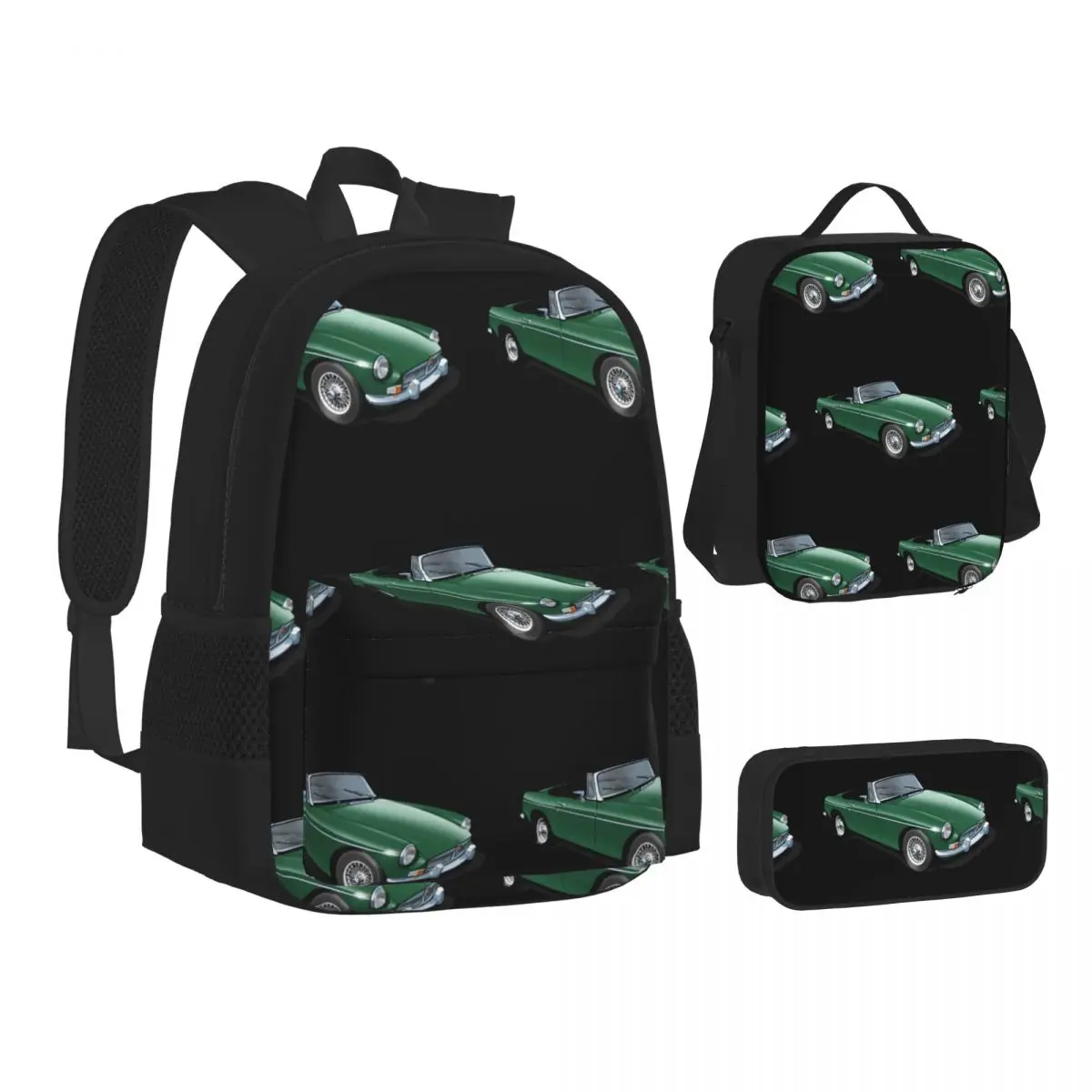 

MGB Roadster In British Racing Green Backpacks Bookbag Students School Bags Kids Rucksack Lunch Bag Pen Bag Three-Piece Set
