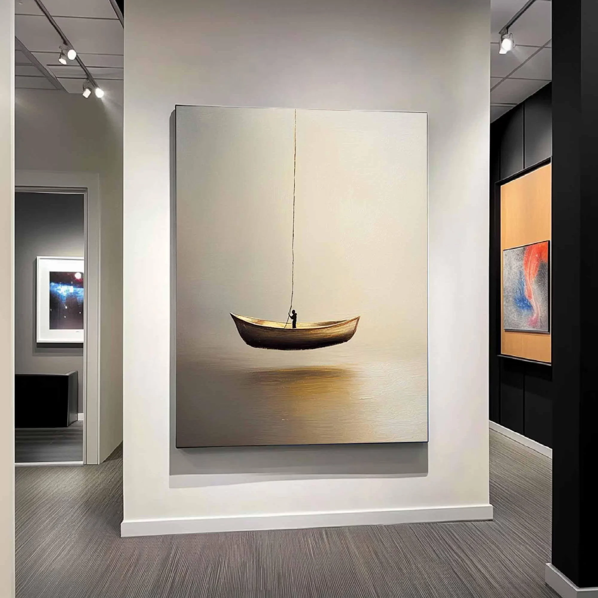 Surreal floating boat painting Minimalist wall art Abstract art painting Modern wall decor Beige wall art poster Home decor