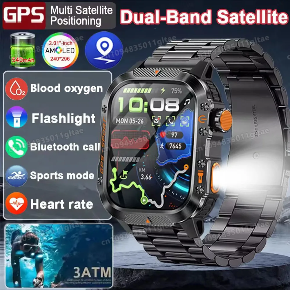 Nouvelle montre connectée avec lampe torche pour hommes, 10 ATM, sport de plein air, suivi de la forme physique, moniteur de pression artérielle, moniteur de santé, appels Bluetooth, GPS, montre connectée HT30