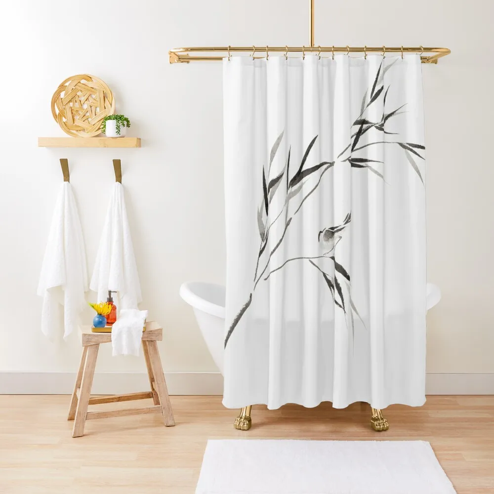 

Bird on a bamboo branch Japanese Zen Sumi-e painting on white rice paper art print Shower Curtain Bathroom Curtains