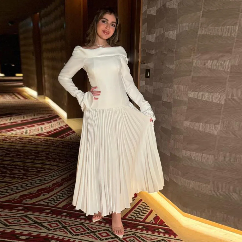 

Customized White Pleated Prom Dresses Off Shoulder Long Sleeve Formal Maxi Dress Boat Neck A Line Casual Dress for Women