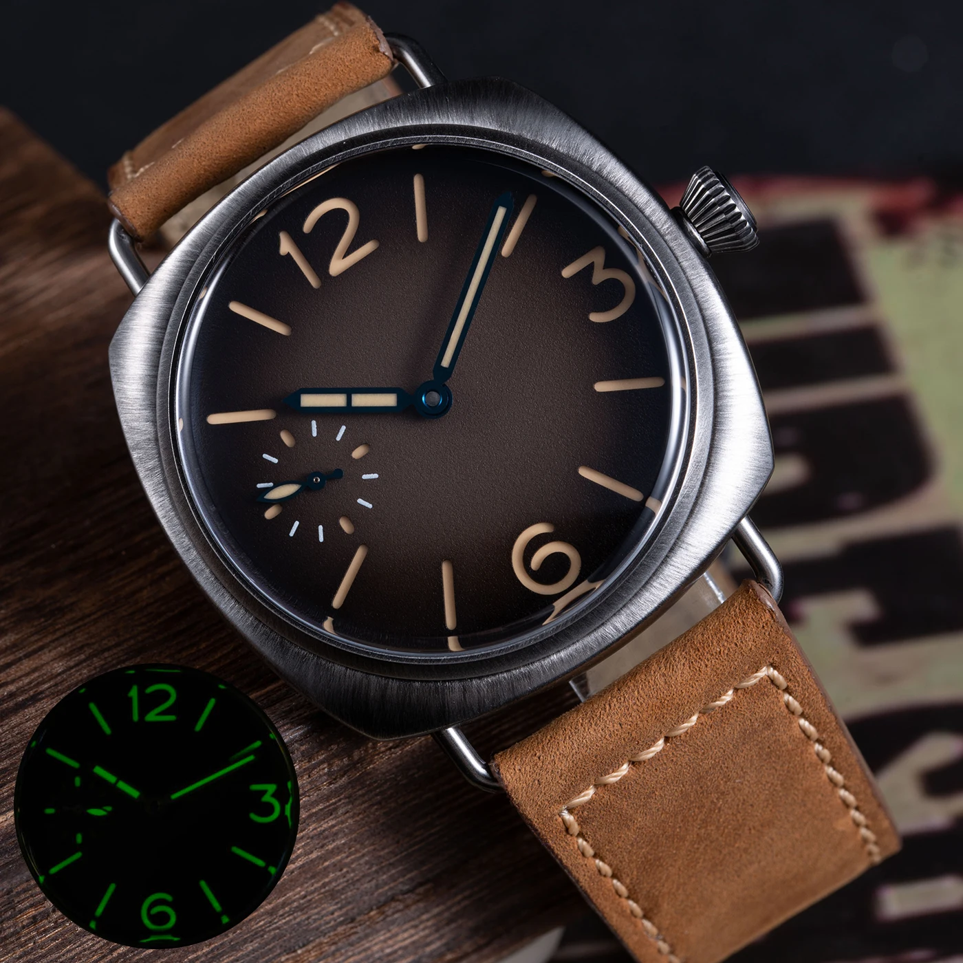 High Quality Men's Mechanical Watch Vintage Curved Sapphire Crystal C3 Lume Brushed Case Homage Sandwich Dial Watches Luxury