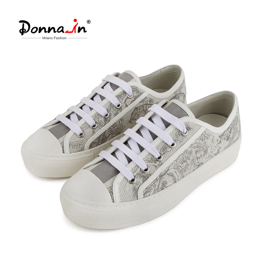 Donna-in Women Flat Sneakers Fashion Embroidery Cotton Designer Trainers Top Quality Lace Up Round Toe Female Shoes Handmade