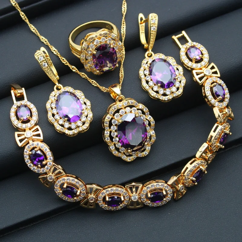 Luxurious Purple Zirconia Gold Color Bridal Jewelry Sets For Women Wedding Earrings Pendant Ring Bracelet Chain  Gift