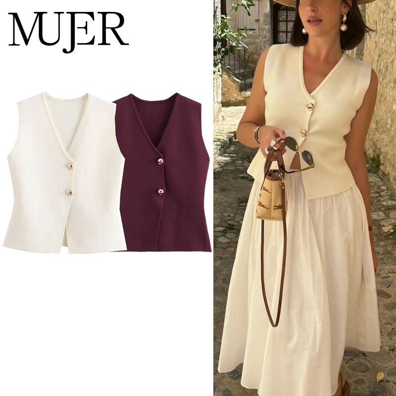 

MUJER Knit Sleeveless Vest Woman Button Cropped Vests for Women Waistcoat Streetwear Basic Vest Top Women Knitted Vest Women