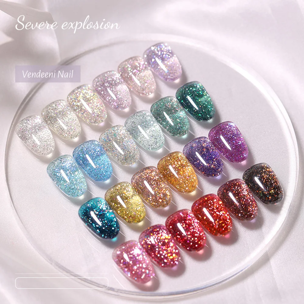 Vendeeni 24 Colors/set Reflective Broken Diamond Gel Nail Polish High Density Sparkling Sequins Gel Varnish With Color Card