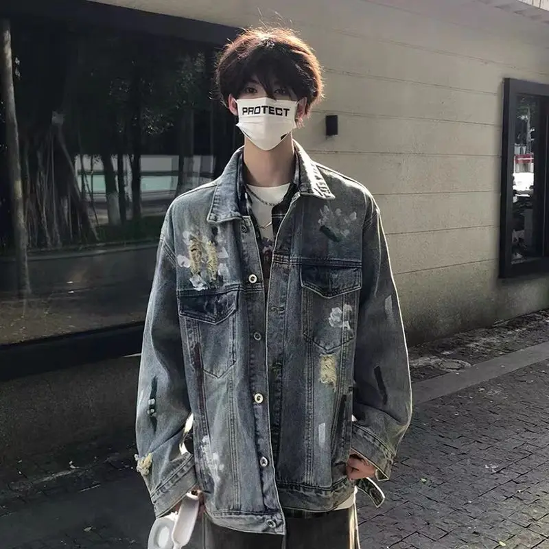 

Ripped Denim Jaet Men's Spring Autumn American Retro Loose Casual Collar Workwear Jaet Cool And Versatile for Daily Wear
