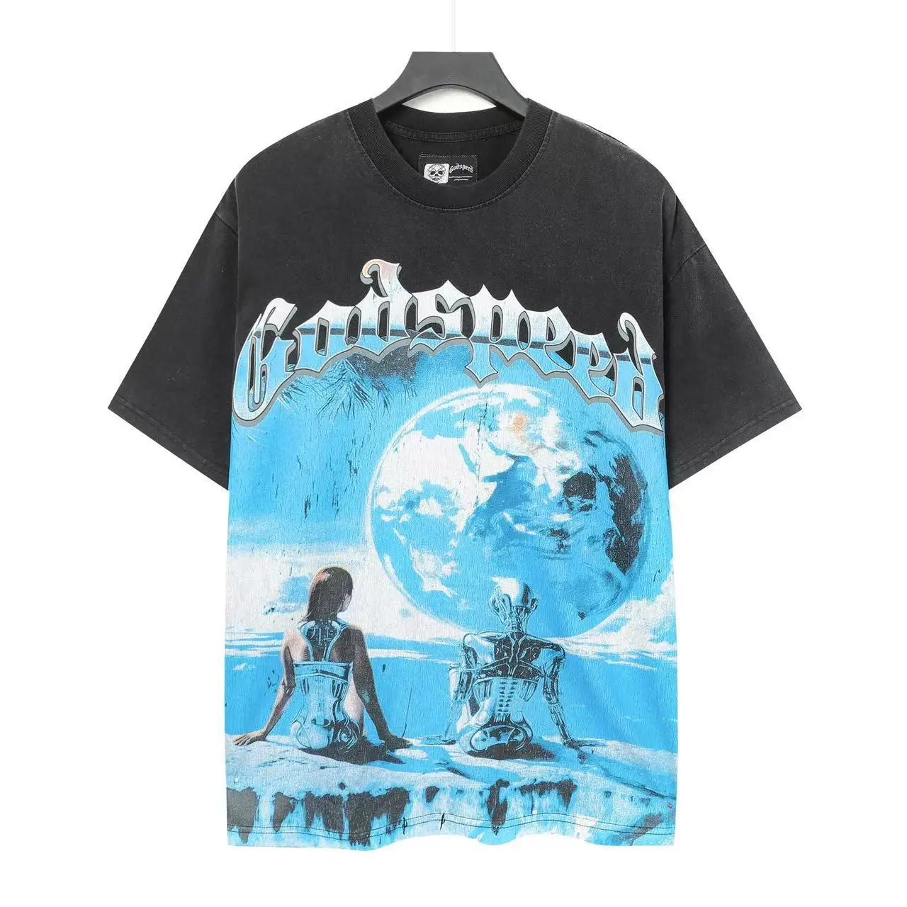 Godspeed Retro Washed Cotton T-Shirt Short Sleeve Loose Casual Street Style Moon under the Space Man High Street Vintage