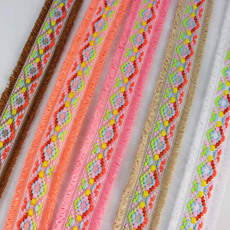 2Yards 4.3cm Cotton Tassel Lace Checkered Fringe Jacquard Webbing DIY Decorative Headdress Clothing Collar Silk Ribs Lace Ribbon