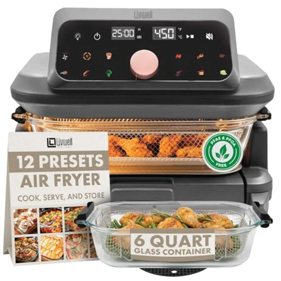 

6 Quart Glass Air Fryer with Pull-Out Drawer Lid - PFOA PFAS-Free 12 Presets Dishwasher-Safe Family-Sized One-Dish Meal for Bak