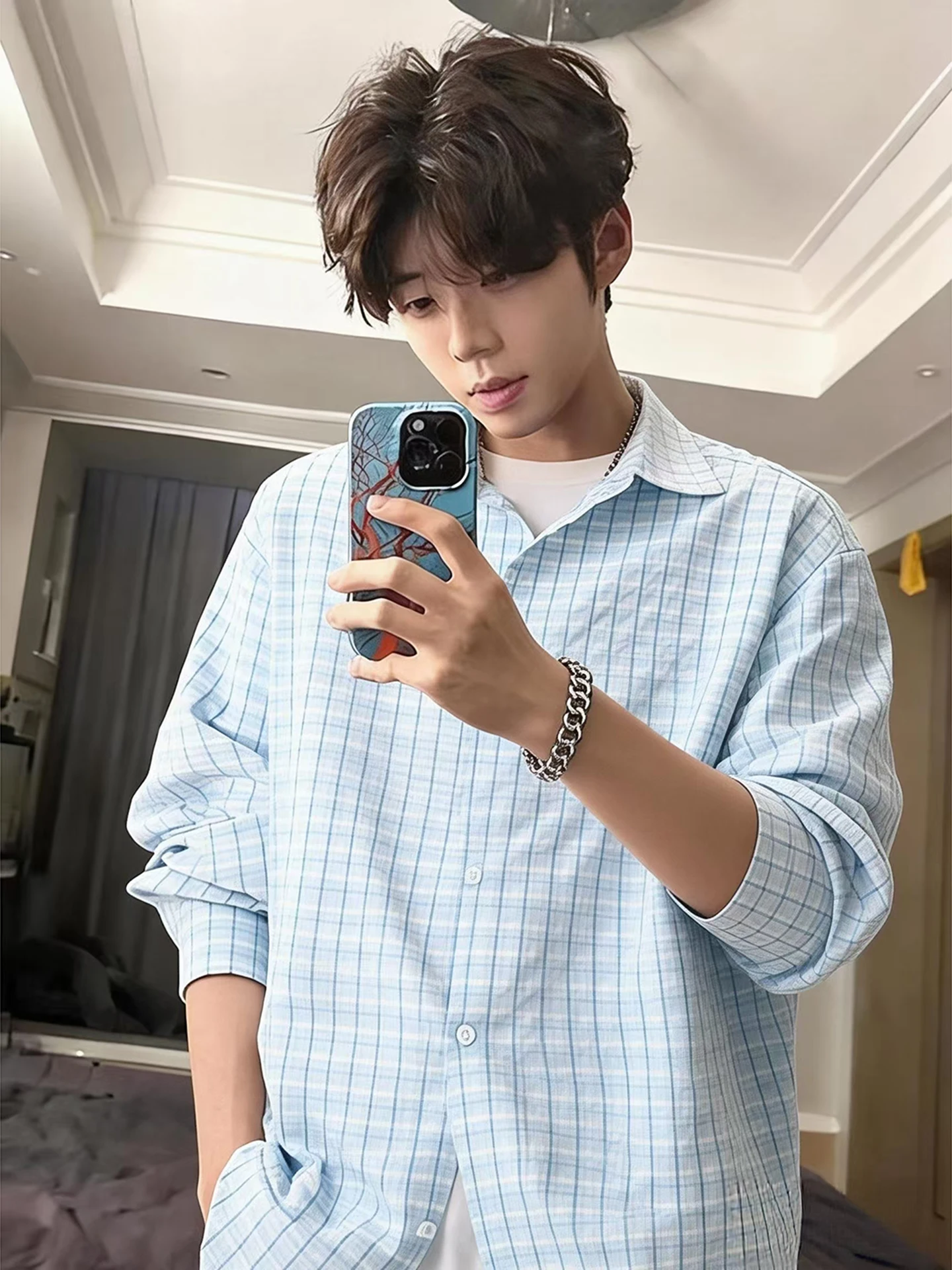 

Loose Long Sve Plaid irt Men's Sle Spring Casual Bubble Cloth Jaet American Lazy Sle Youth Faion Resistant to Wr...