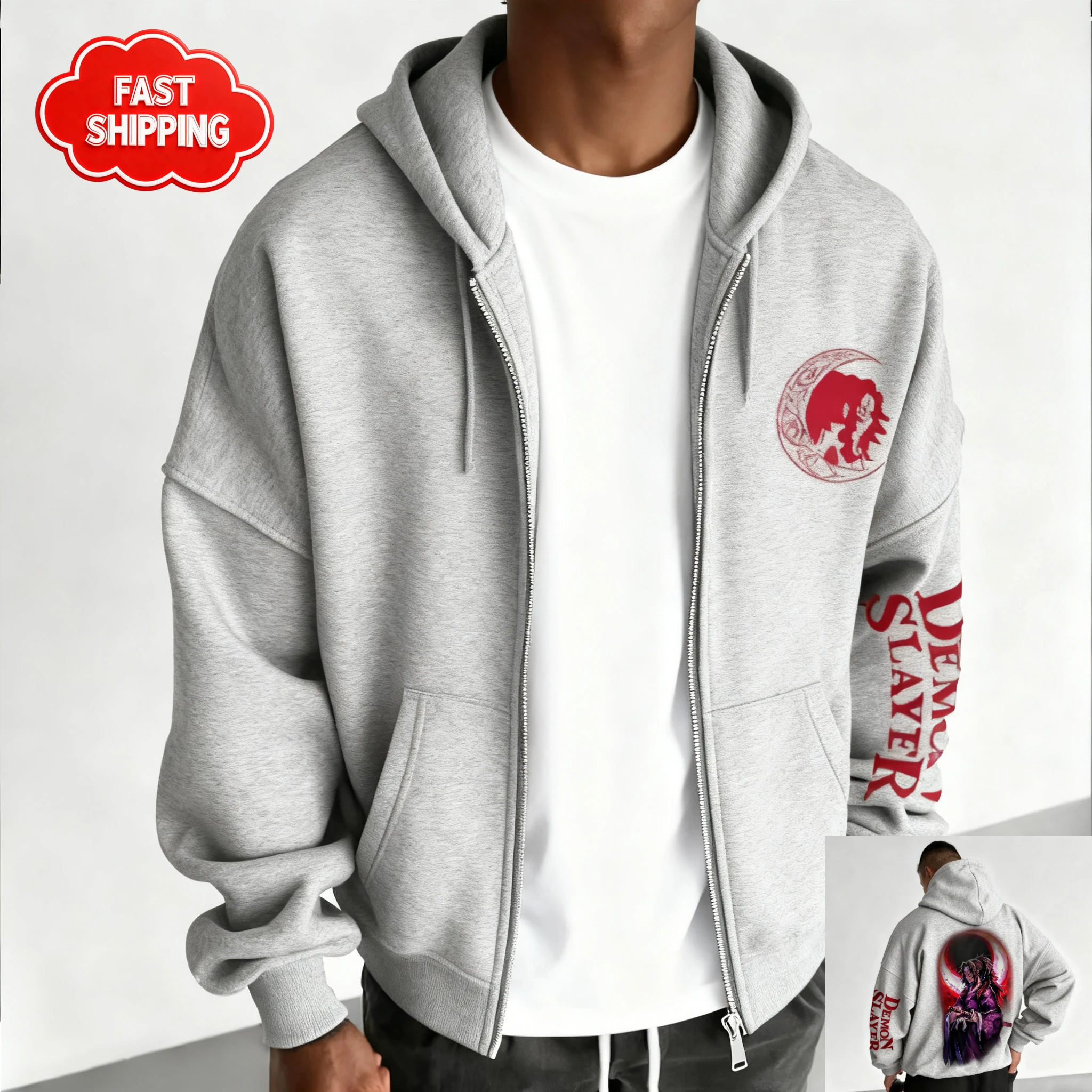 Anime Demon Slayer Zip Hoodie Kimetsu No Yaiba Baumwolle Übergroßes Sweatshirt Männer Frauen Comfort Fit Unisex Streetwear Loose Fit ​