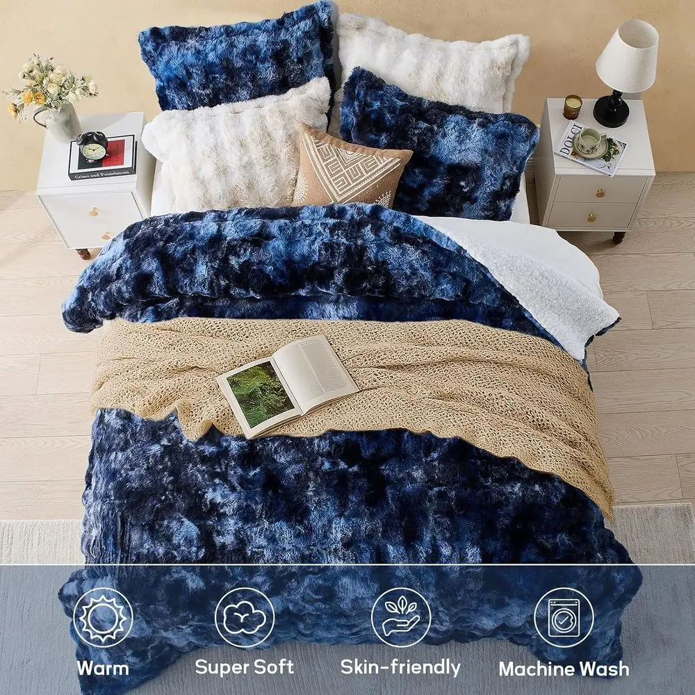 Komplet pościeli Queen Size Tie-Dye Navy z imitacji futra królika: pluszowa, ciepła i przytulna pościel na zimę