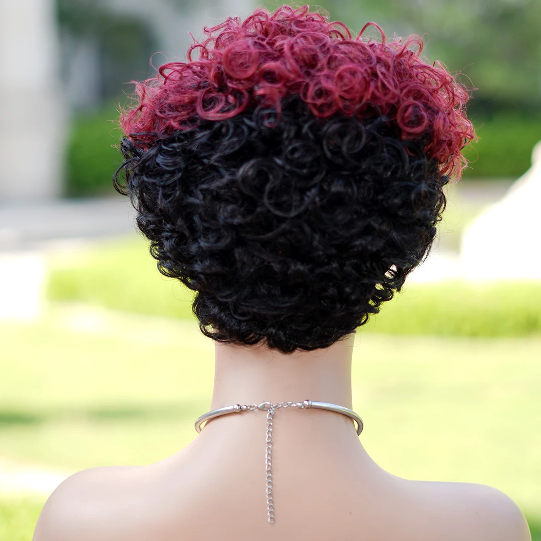 6inch Short Curly Wigs T1B/99J None Lace Front Human Hair Wigs with Bangs 180% Density Machine Made Pixie Cut Curly Wave Wig